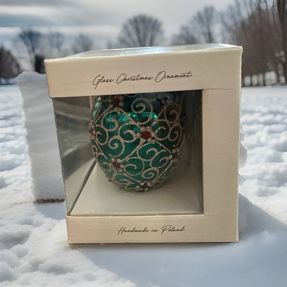 New DAGMARA Mouth Blown Glass FABERGE EGG Ornament Turquoise RUBY Bejeweled PL